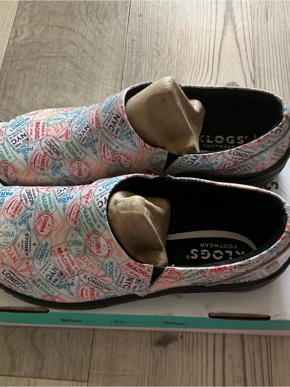 Klogs Missy women’s Madrid passport travel print patent leather slip on clogs